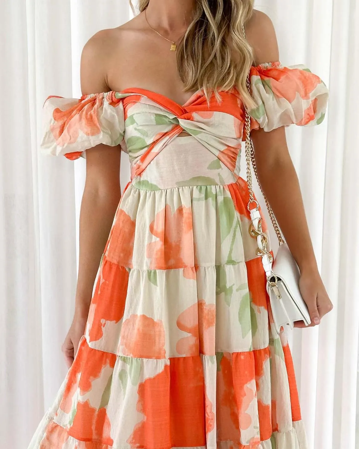 Women's Summer Floral V Neck Off Shoulder Puff Sleeve Wrap Dress Midi Dress Casual A-Line Flowy Swing Beach Sundress