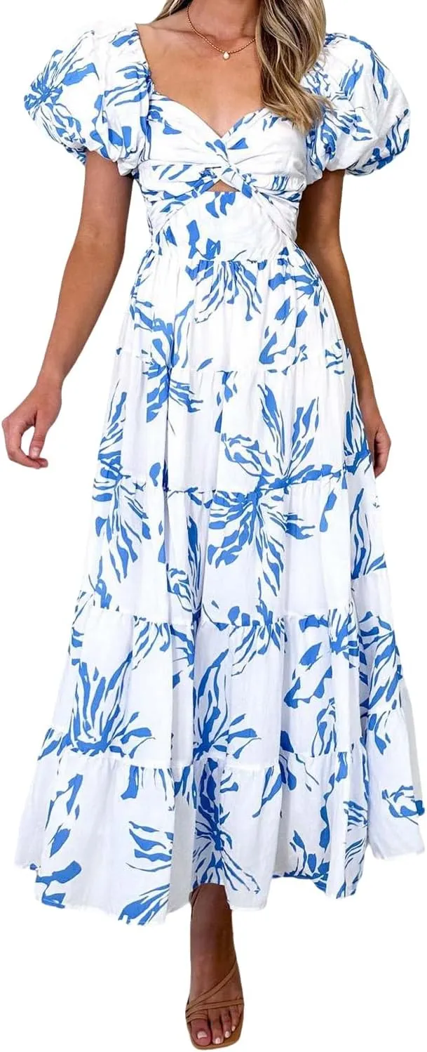 Women's Summer Floral V Neck Off Shoulder Puff Sleeve Wrap Dress Midi Dress Casual A-Line Flowy Swing Beach Sundress