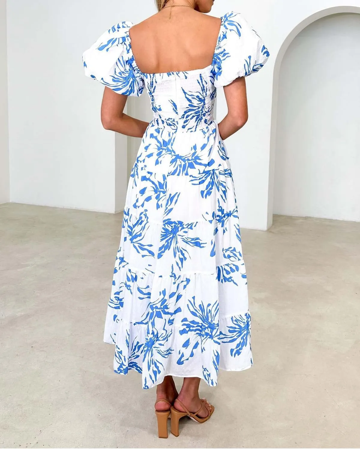 Women's Summer Floral V Neck Off Shoulder Puff Sleeve Wrap Dress Midi Dress Casual A-Line Flowy Swing Beach Sundress