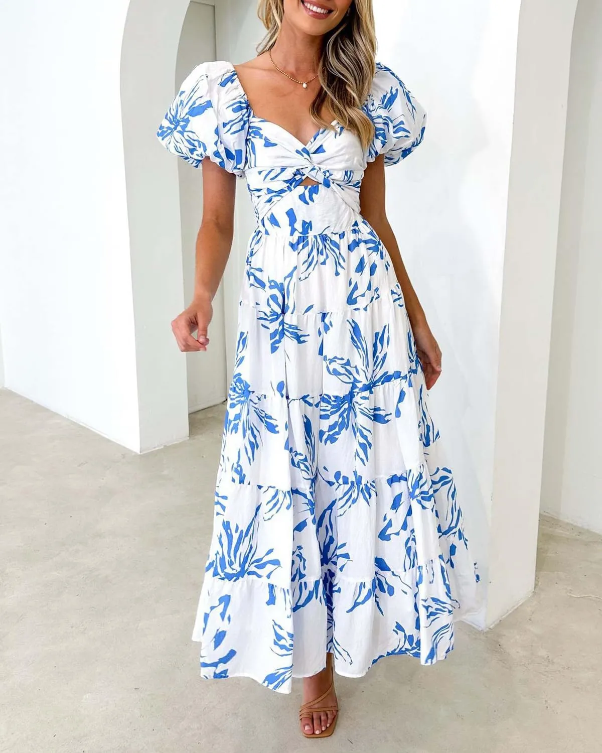 Women's Summer Floral V Neck Off Shoulder Puff Sleeve Wrap Dress Midi Dress Casual A-Line Flowy Swing Beach Sundress