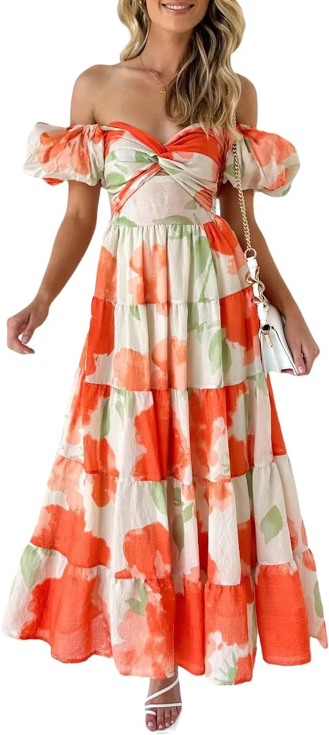 Women's Summer Floral V Neck Off Shoulder Puff Sleeve Wrap Dress Midi Dress Casual A-Line Flowy Swing Beach Sundress