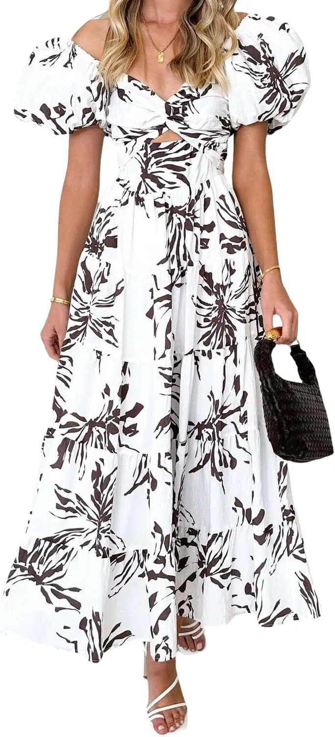 Women's Summer Floral V Neck Off Shoulder Puff Sleeve Wrap Dress Midi Dress Casual A-Line Flowy Swing Beach Sundress