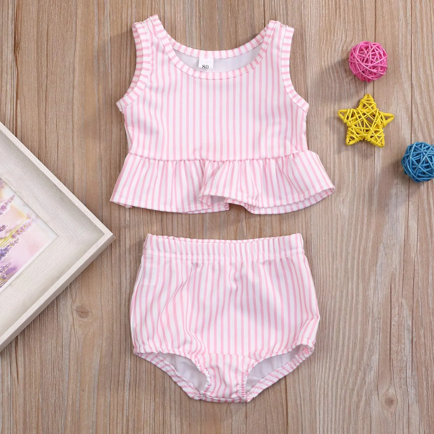 YOUNGER TREE Toddler Baby Girls Summer Swimsuit Sleeveless Striped Swimwear Two-Piece Suit Beach Bikini